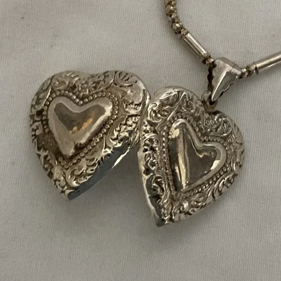 Sterling Silver Valentines heart Repousee Locket Necklace - Picture 6 of 7
